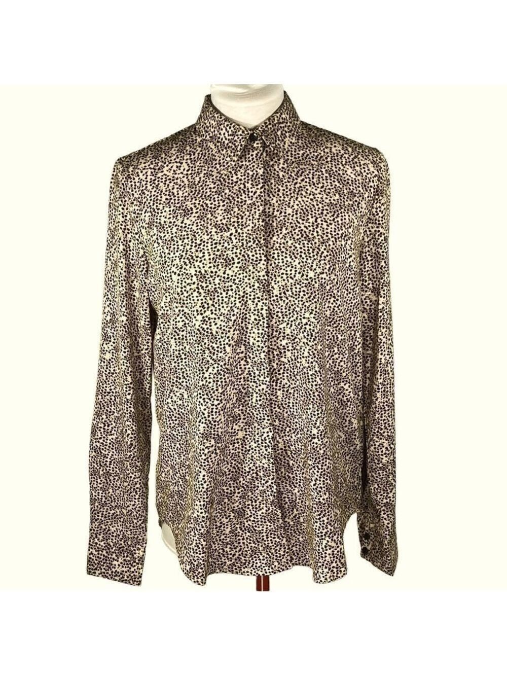 H&M Brown Leopard Print Button-Down Shirt, Long Sleeve, Pointed Collar Size 2